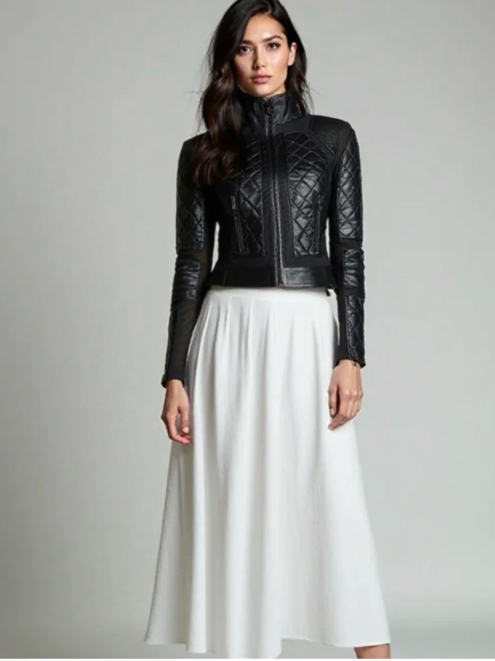 BLANC NOIR CLASSIC BLACK QUILTED GENUINE LEATHER MESH MOTO JACKET - Picture 12 of 12